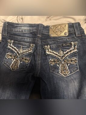 Miss Me Dark Blue Boot Cut Jeans with Embroidered Rhinestone Pockets